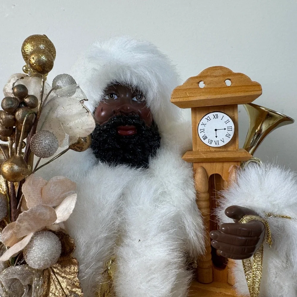 Black Santa Claus Christmas Tree Topper Gold White Brocade Grandfather Clock - Picture 2 of 6